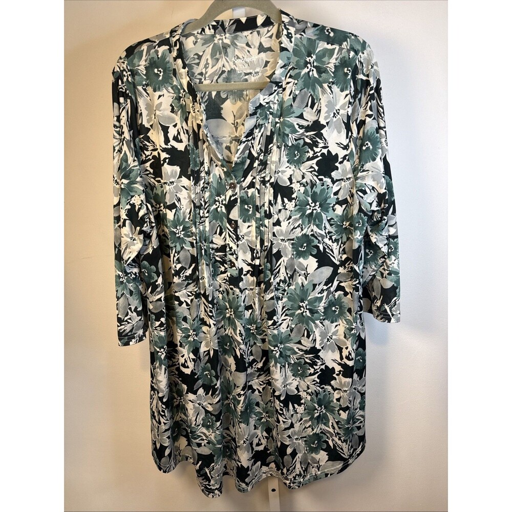 Serengeti Green/white Floral V-neck 1/2 Button Knit Top Tunic/Dress -1X